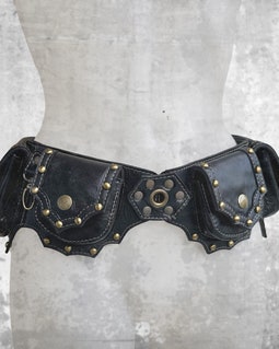Black Leather Utility Belt: Festival Steampunk Hip Pack, Designer fanny belt bag with pockets