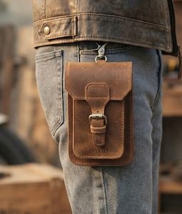 EDC Leather Phone Pouch, Custom Carabiner Belt Holster with Card Holder, Vertical Smartphone Waist Case, Dual Pocket Rugged Gear Organizer