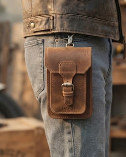 EDC Leather Phone Pouch, Custom Carabiner Belt Holster with Card Holder, Vertical Smartphone Waist Case, Dual Pocket Rugged Gear Organizer
