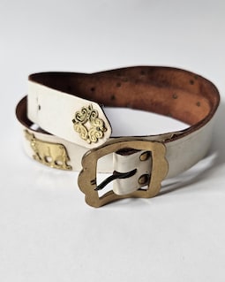Vintage Swiss Leather Belt with Cow Details, White Handmade Folk Belt, 85 cm